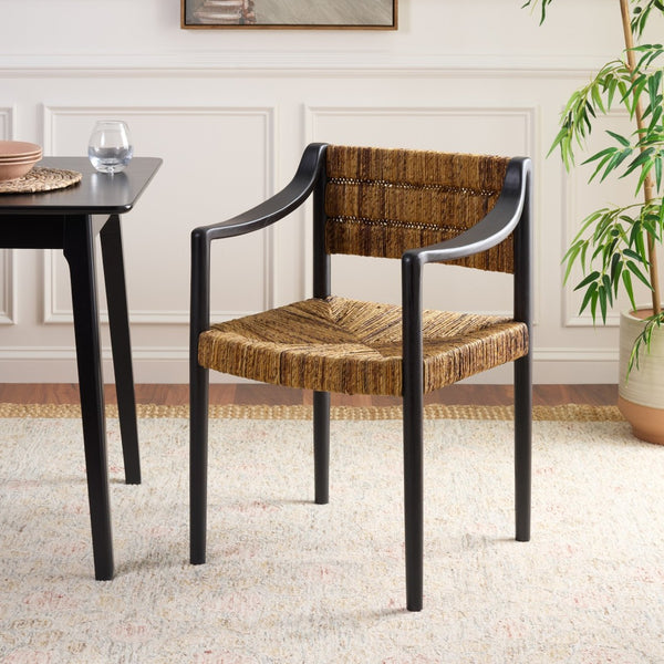 Safavieh Aksel Arm Dining Chair - Natural Banana Leaf Weaving & Sleek Black Wood Frame For Modern Comfort DCH1214A