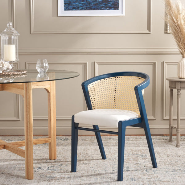 Safavieh Edan Dining Chair - Mid-Century Modern Design With Rattan-Textured Barrel Back For Stylish Comfort Navy / White DCH1500E