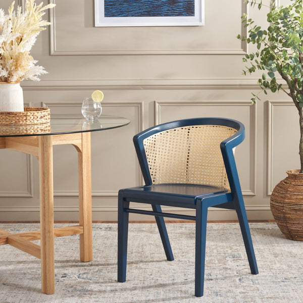 Safavieh Edan Dining Chair - Mid-Century Modern Design With Rattan-Textured Barrel Back For Stylish Comfort Navy / Natural DCH1500K
