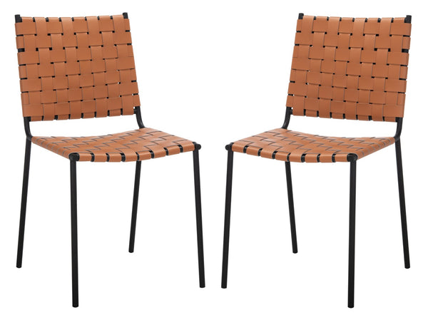 Safavieh WESSON Woven Dining Chair Set of Two: Modern Minimalism Meets Tactile Luxury for Your Home Cognac / Black DCH3005B-SET2