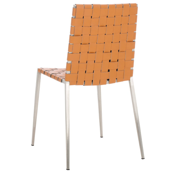 Safavieh RAYNE Woven Dining Chair - Artisanal Leather & Metal Design for Modern Dining Room Elegance Cognac / Silver DCH3006A-SET2