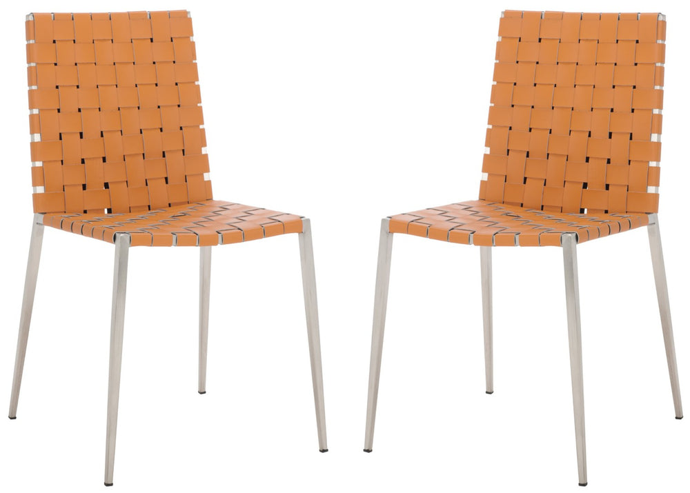 Safavieh RAYNE Woven Dining Chair - Artisanal Leather & Metal Design for Modern Dining Room Elegance Cognac / Silver DCH3006A-SET2