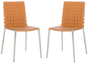 Safavieh RAYNE Woven Dining Chair - Artisanal Leather & Metal Design for Modern Dining Room Elegance Cognac / Silver DCH3006A-SET2