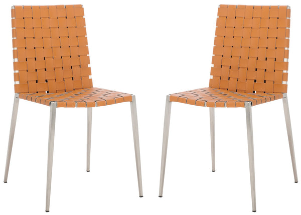 Safavieh RAYNE Woven Dining Chair - Artisanal Leather & Metal Design for Modern Dining Room Elegance Cognac / Silver DCH3006A-SET2