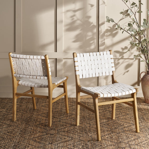 Safavieh TAIKA Woven Leather Dining Chair - Artisan Crafted, Modern Design, Perfect for Stylish Dining Spaces White / Natural DCH4000B-SET2