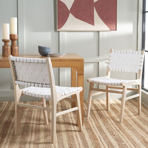 Safavieh TAIKA WOVEN LEATHER DINING CHAIR - Luxurious Comfort and Modern Design for Upscale Dining Spaces White / Light Natural DCH4000D-SET2