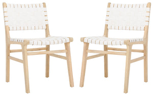 Safavieh TAIKA WOVEN LEATHER DINING CHAIR - Luxurious Comfort and Modern Design for Upscale Dining Spaces White / Light Natural DCH4000D-SET2