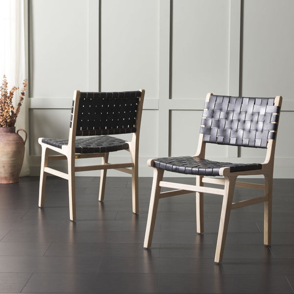 Safavieh TAIKA WOVEN LEATHER DINING CHAIR - Luxurious Comfort and Modern Design for Upscale Dining Spaces Black / Light Natural DCH4000E-SET2