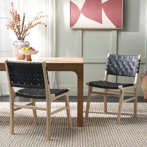 Safavieh TAIKA WOVEN LEATHER DINING CHAIR - Luxurious Comfort and Modern Design for Upscale Dining Spaces Black / Light Natural DCH4000E-SET2