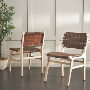 Safavieh TAIKA WOVEN LEATHER DINING CHAIR - Luxurious Comfort and Modern Design for Upscale Dining Spaces Cognac / Light Natural DCH4000F-SET2