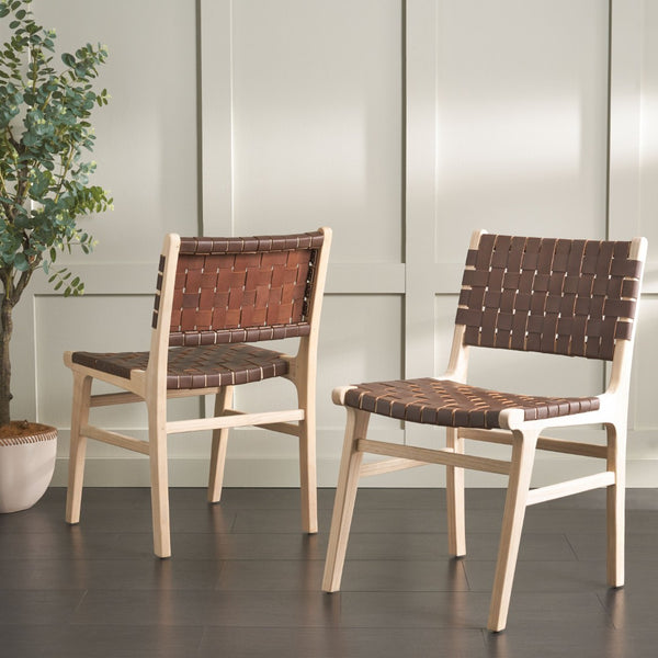 Safavieh TAIKA WOVEN LEATHER DINING CHAIR - Luxurious Comfort and Modern Design for Upscale Dining Spaces Cognac / Light Natural DCH4000F-SET2