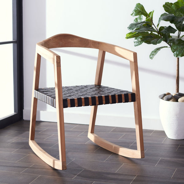 Safavieh Willa Rocking Dining Chair - Contemporary Teak And Leather Blend For Stylish Comfort And Elegance Black / Natural DCH4005C