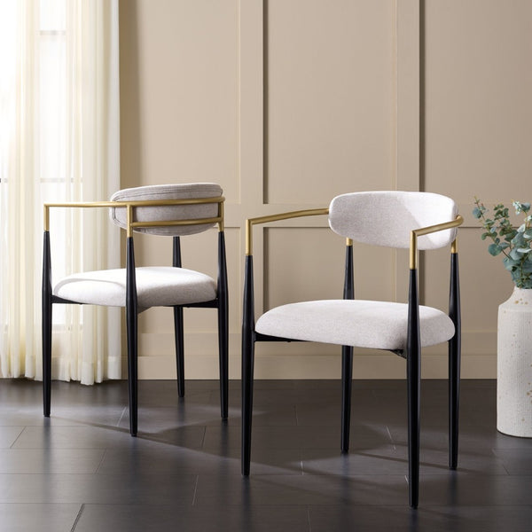 Safavieh COVELLE Dining Arm Chair - Elegant Dove Grey Upholstery with Luxe Black & Gold Accents for Dining Rooms DCH6401A-SET2