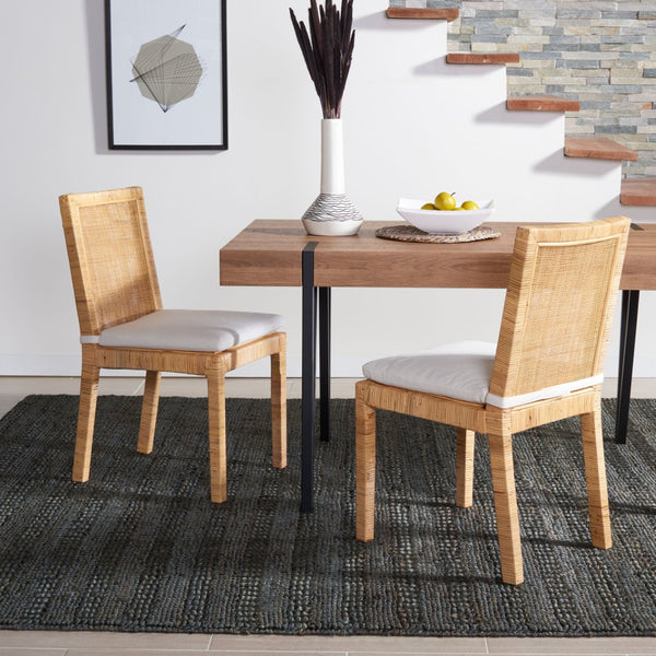 Safavieh TOJO Cane Dining Chair Set with White Cushion - Natural Rattan for Coastal & Modern Interiors DCH6502A-SET2
