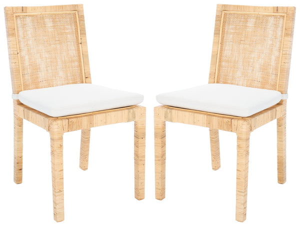 Safavieh TOJO Cane Dining Chair Set with White Cushion - Natural Rattan for Coastal & Modern Interiors DCH6502A-SET2