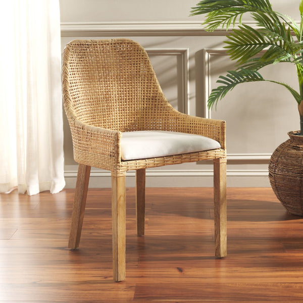Safavieh Altha Modern Dining Chair With Plush Cushion - Stylish Rattan Barrel Back & Sturdy Mango Wood Legs DCH6506A