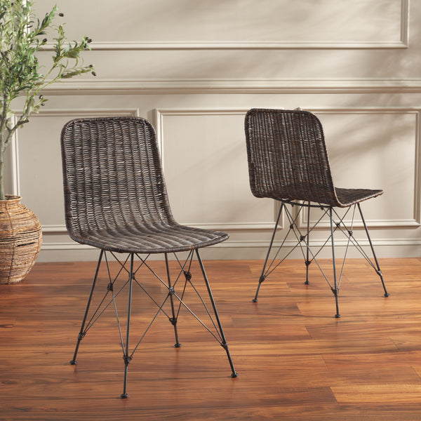 Safavieh Minerva Weaved Dining Chair - Chic Light Natural Design With Sturdy Black Metal Frame For Elegance Dark Brown ,Black Metal & Rattan Dch6508b-set2