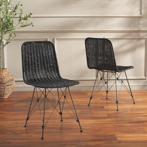 Safavieh MINERVA Weaved Dining Chair - Contemporary Comfort with Stylish Rattan Seat and Sturdy Metal Frame Black / Black DCH6508C-SET2
