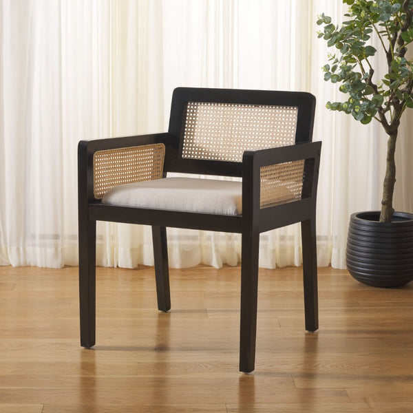 Safavieh Patrina Armed Dining Chair - Elegant Pine Frame With Woven Rattan And Plush Cushion For Comfort Black And Natural / White DCH8001B
