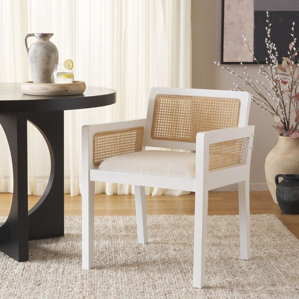 Safavieh Patrina Armed Dining Chair - Elegant Pine Frame With Woven Rattan And Plush Cushion For Comfort White / Natural DCH8001C