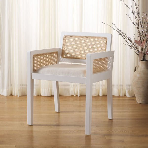 Safavieh Patrina Armed Dining Chair - Elegant Pine Frame With Woven Rattan And Plush Cushion For Comfort White / Natural DCH8001C