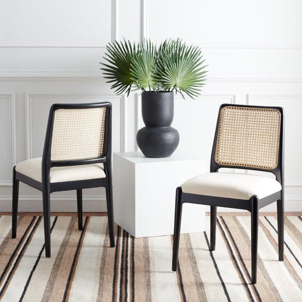 Safavieh REINHARDT RATTAN DINING CHAIR - Coastal Charm Meets Contemporary Comfort for Stylish Dining Spaces White / Black DCH8800A-SET2