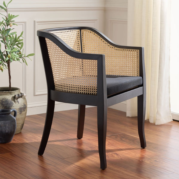 Safavieh Rina Dining Chair - Modern Elm Craftsmanship With Timeless Cane Detailing For Elegant Dining Spaces Black/Natural/Black Cushion DCH9501D