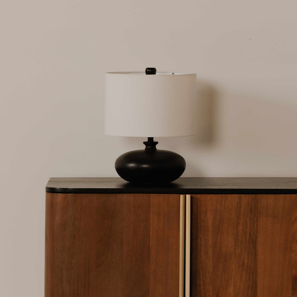 Moe's Home Evie Table Lamp - Vintage-inspired Mango Wood Design With Textured Cotton Shade For Elegant Lighting Black Mango Wood Base,Textured Cotton Shade Dd-1051-02