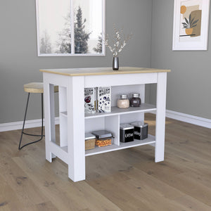English Elm Kitchen Island - Versatile 35" Height Table With 3 Open Shelves In White & Light Oak Finish B097132968