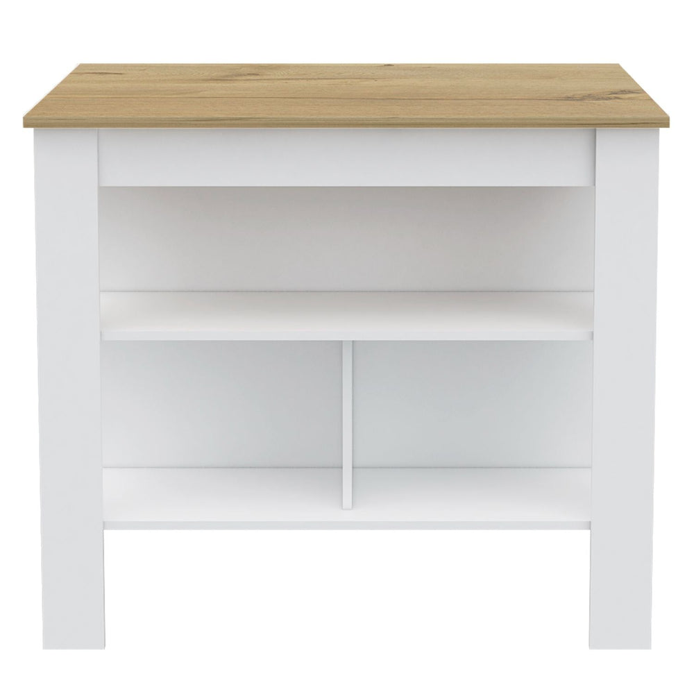 English Elm Kitchen Island - Versatile 35" Height Table With 3 Open Shelves In White & Light Oak Finish B097132968
