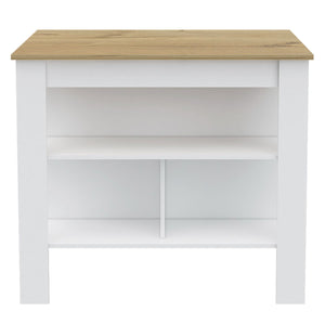 English Elm Kitchen Island - Versatile 35" Height Table With 3 Open Shelves In White & Light Oak Finish B097132968