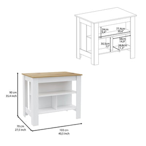 English Elm Kitchen Island - Versatile 35" Height Table With 3 Open Shelves In White & Light Oak Finish B097132968