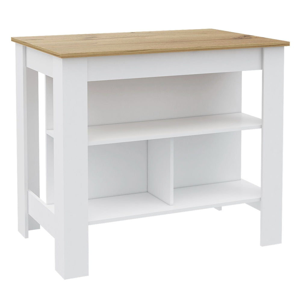 English Elm Kitchen Island - Versatile 35" Height Table With 3 Open Shelves In White & Light Oak Finish B097132968