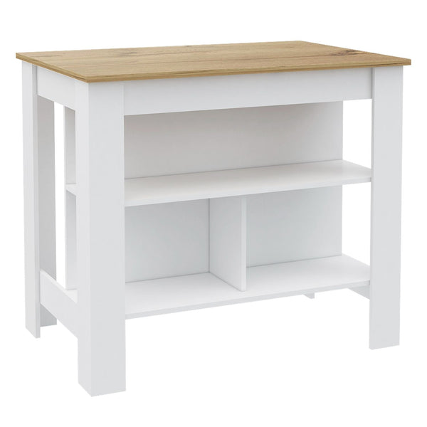English Elm Kitchen Island - Versatile 35" Height Table With 3 Open Shelves In White & Light Oak Finish B097132968