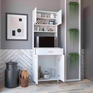 English Elm Pantry Cabinet 67" H White – Four Doors, Drawer, Microwave Top, 3 Shelves, 2 Open Racks, Durable Wood B097133019