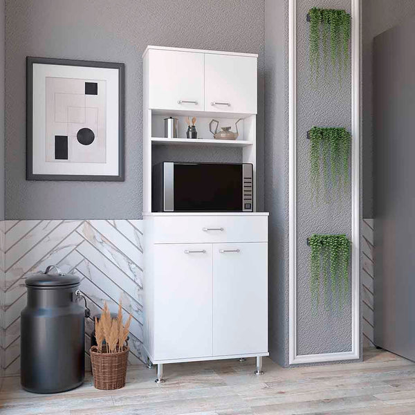 English Elm Pantry Cabinet 67" H White – Four Doors, Drawer, Microwave Top, 3 Shelves, 2 Open Racks, Durable Wood B097133019