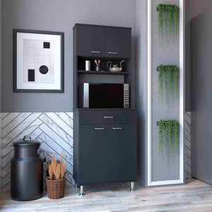 English Elm Pantry Black 67" H Four-Door Cabinet with Drawer, Microwave Shelf, Spice Rack, Durable MDP Build B097133015