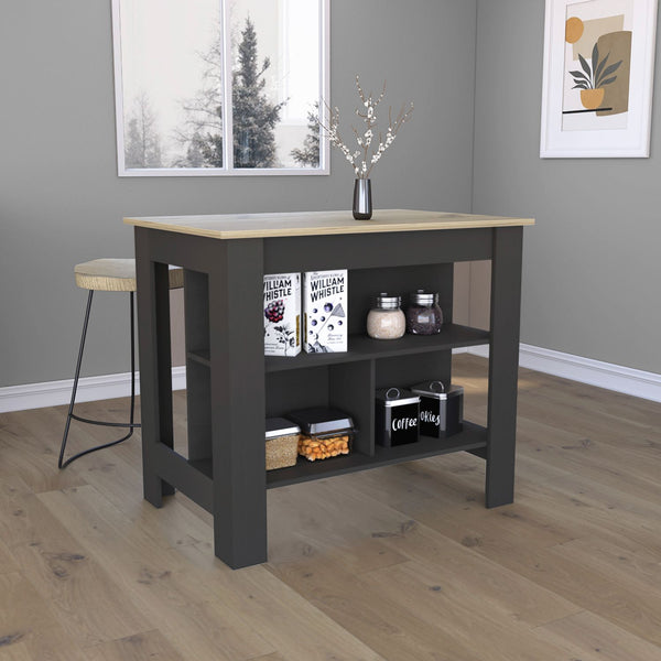 English Elm Kitchen Island With 3 Open Shelves, 35" Counter Height, Black & Light Oak, Ideal For Prep & Dining B097132964