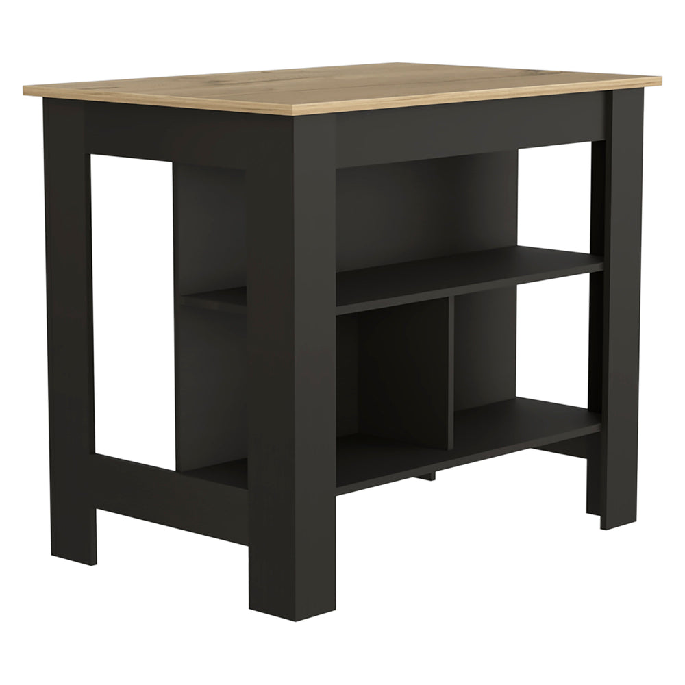 English Elm Kitchen Island With 3 Open Shelves, 35" Counter Height, Black & Light Oak, Ideal For Prep & Dining B097132964