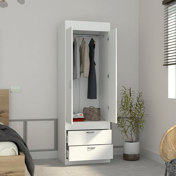English Elm Armoire with 70" Height for Bedroom Storage, Double Door Cabinet with Hanging Rod and Two Spacious Drawers White 74 L x 23 W x 4 H B097133139