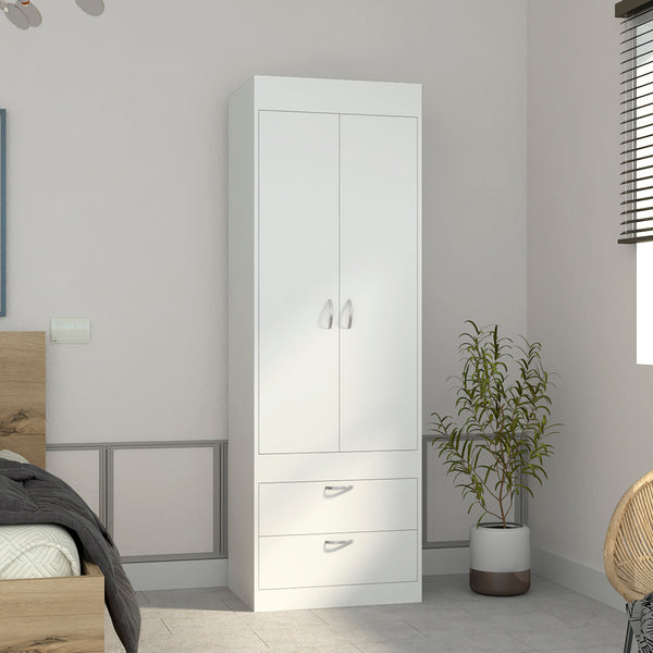 English Elm Armoire with 70" Height for Bedroom Storage, Double Door Cabinet with Hanging Rod and Two Spacious Drawers White 74 L x 23 W x 4 H B097133139