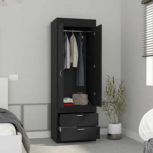 English Elm Armoire with 70" Height for Bedroom Storage, Double Door Cabinet with Hanging Rod and Two Spacious Drawers Black 74 L x 23 W x 4 H B097133136