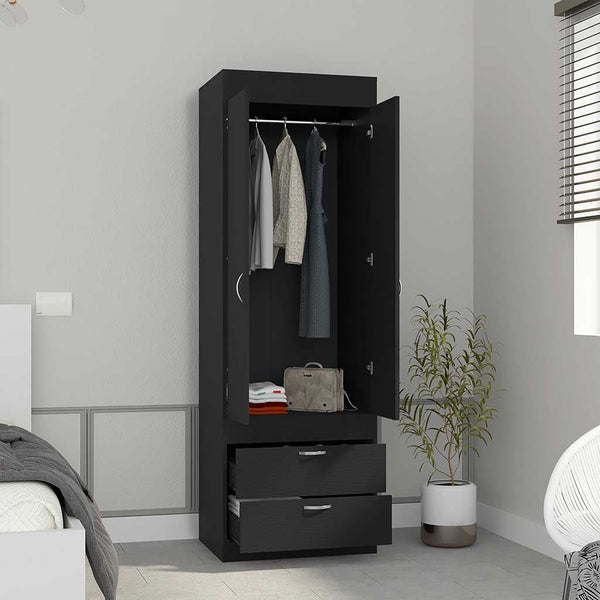 English Elm Armoire with 70" Height for Bedroom Storage, Double Door Cabinet with Hanging Rod and Two Spacious Drawers Black 74 L x 23 W x 4 H B097133136