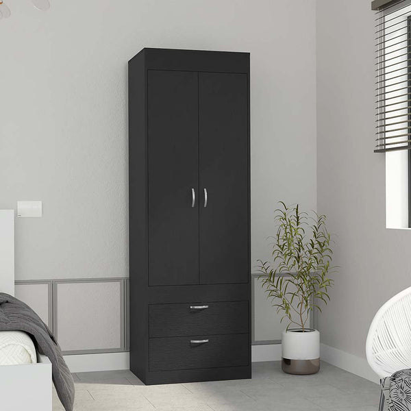 English Elm Armoire with 70" Height for Bedroom Storage, Double Door Cabinet with Hanging Rod and Two Spacious Drawers Black 74 L x 23 W x 4 H B097133136