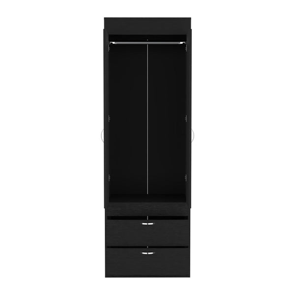 English Elm Armoire with 70" Height for Bedroom Storage, Double Door Cabinet with Hanging Rod and Two Spacious Drawers Black 74 L x 23 W x 4 H B097133136