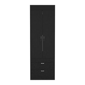 English Elm Armoire with 70" Height for Bedroom Storage, Double Door Cabinet with Hanging Rod and Two Spacious Drawers Black 74 L x 23 W x 4 H B097133136
