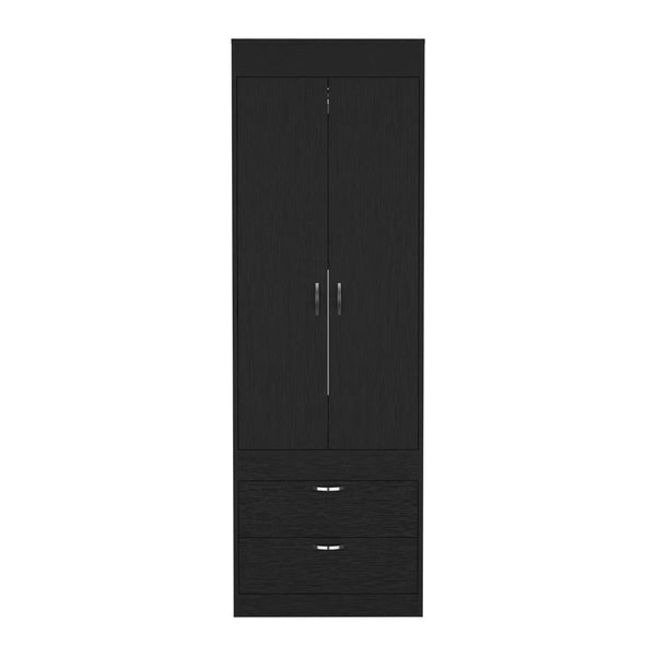 English Elm Armoire with 70" Height for Bedroom Storage, Double Door Cabinet with Hanging Rod and Two Spacious Drawers Black 74 L x 23 W x 4 H B097133136
