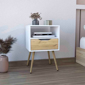 English Elm Nightstand With Open Shelf & Drawer, Modern Two-Tone White And Light Oak Design For Small Spaces B097132997