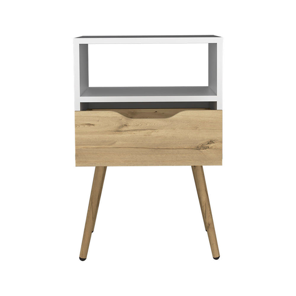 English Elm Nightstand With Open Shelf & Drawer, Modern Two-Tone White And Light Oak Design For Small Spaces B097132997