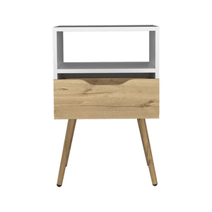 English Elm Nightstand With Open Shelf & Drawer, Modern Two-Tone White And Light Oak Design For Small Spaces B097132997
